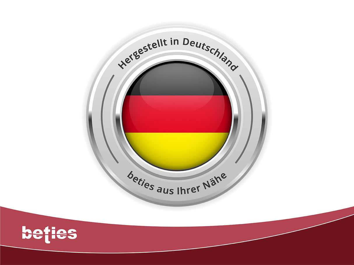 Logo, Hergestellt in Deutschland, mit einem Button in den Farben schwarz, rot gelb