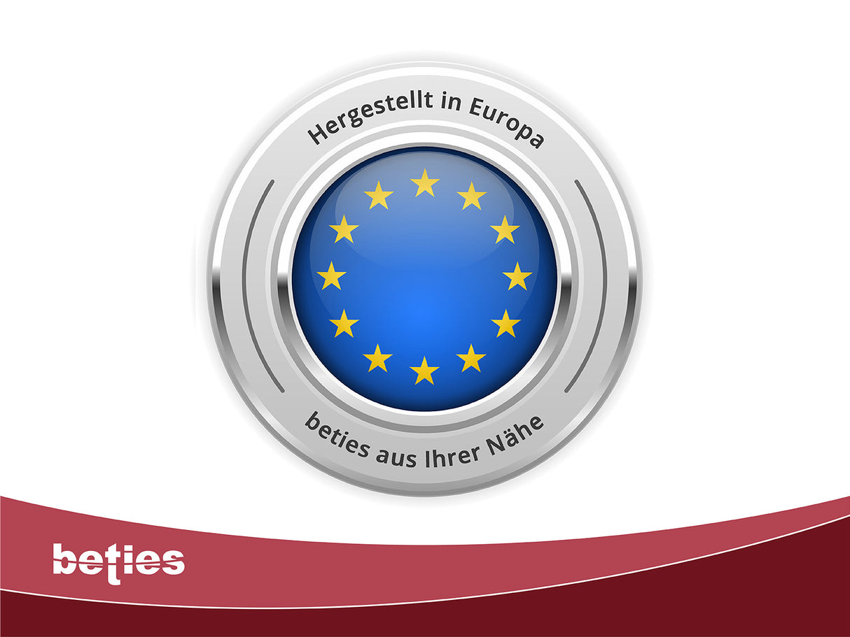 Logo, Hergestellt in Europa, mit einem Button in den Farben der Europa-Flagge