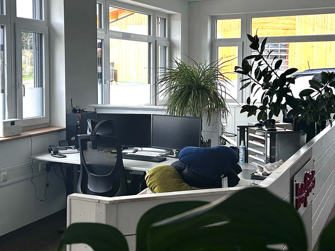 Ein moderner Büroarbeitsplatz mit einem gebogenen Schreibtisch, zwei Monitoren, einem Bürostuhl, Grünpflanzen und einem Fenster. Kissen liegen auf dem Schreibtisch.