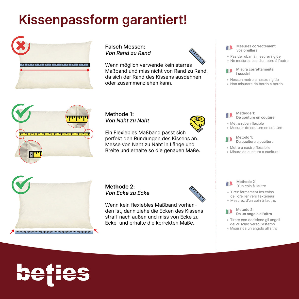 Anleitung zum richtigen Messen des Kissens, mit einem flexiblen Massband von Naht zu Naht inklusive der Kissenrundung.
