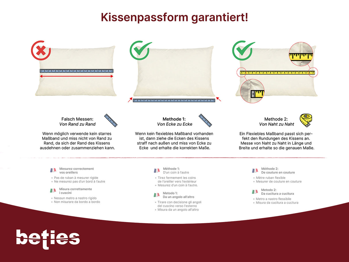 Anleitung zum richtigen Messen des Kissens, mit einem flexiblen Massband von Naht zu Naht inklusive der Kissenrundung.
