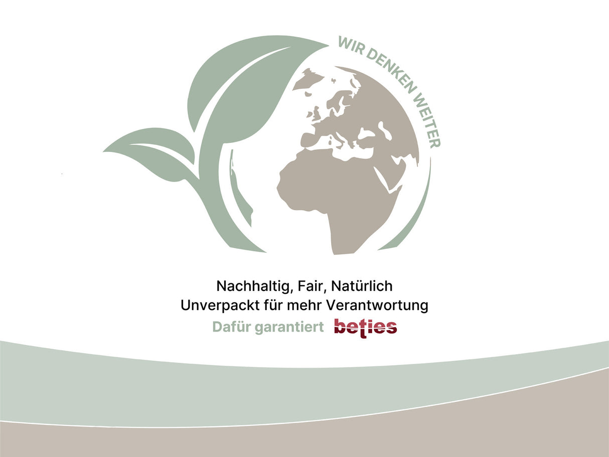 Logo, das nachhaltige und plastikfreie Verpackungen garantiert, mit einem gruenen Blatt und einem stilisierten Globus im Hintergrund.