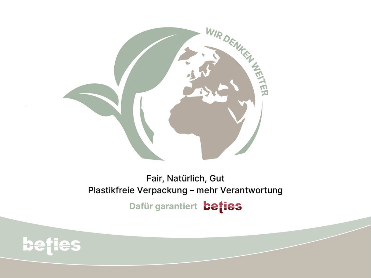 Logo, das nachhaltige und plastikfreie Verpackungen garantiert, mit einem gruenen Blatt und einem stilisierten Globus im Hintergrund.