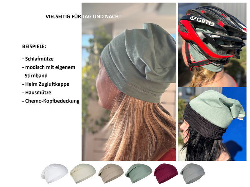 Fotomontage mit gruener Beanie-Muetze für unterschiedliche Anwendungen. Darunter eine Reihe mit Beanies in den Uni-Farben Weiss, Hellbeige, Beige, Gruen, Dunkelrot und Silber-Grau.