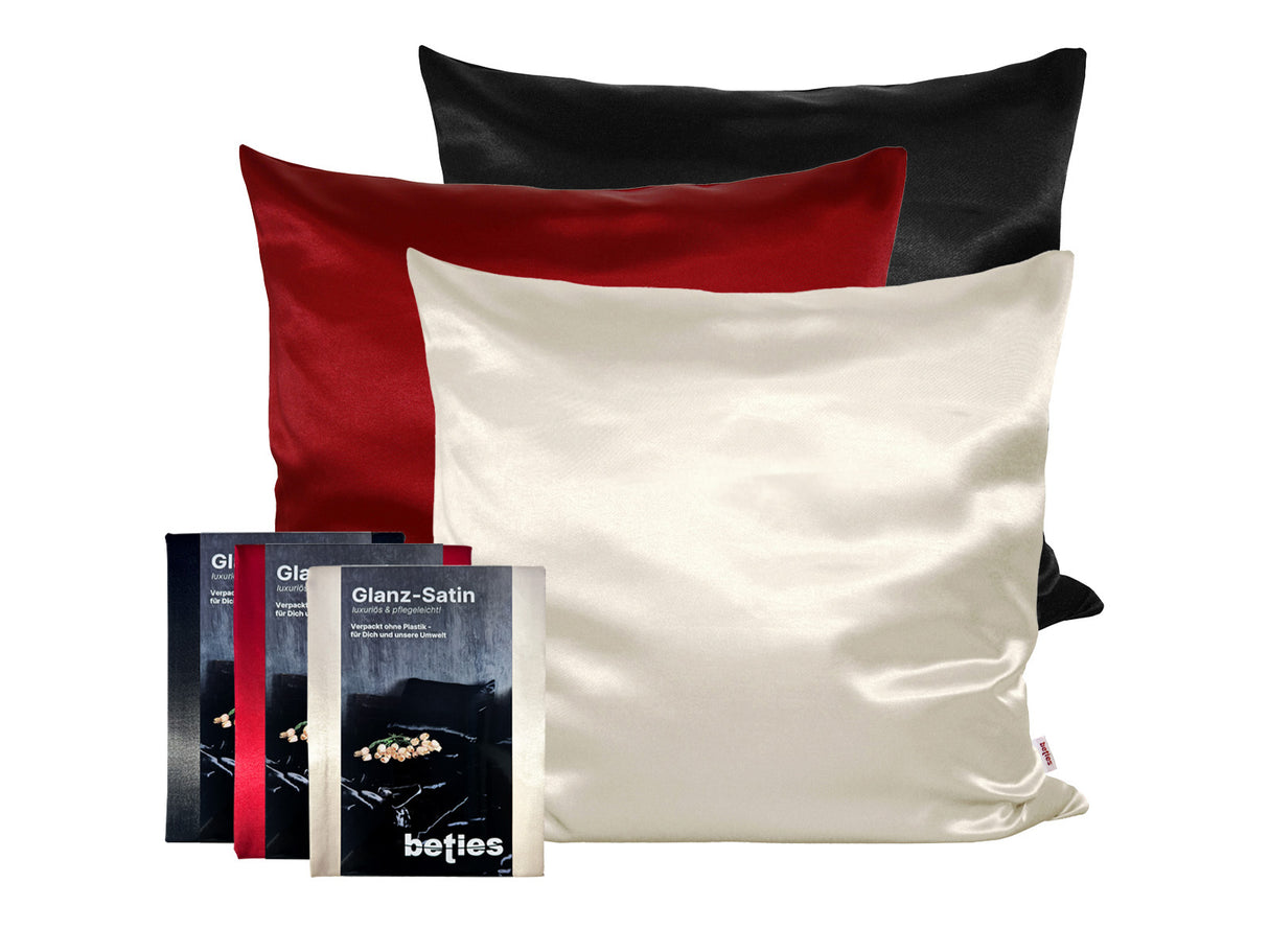 Glanz Satin Kissenbezuege ca. 80x80 cm, in den Farben schwarz, karmin-rot und champagner.