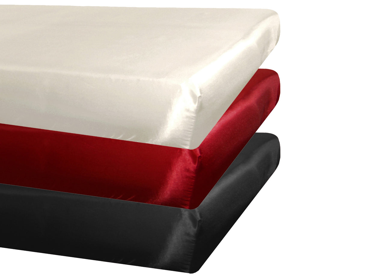 Spannbetttuecher ca. 100x200 cm Glanz Satin PREMIUM schwere Qualität & edel, fein fließend in den Farben champagner, karmin-rot und schwarz.