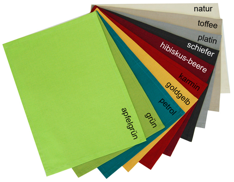 Farbmuster in den Uni-Farben Apfelgruen, Gruen, Petrol, Gold-Gelb, Karmin-Rot, Hibiskus-Beere, Schiefer-Grau, Platin-Grau, Toffee und Natur.