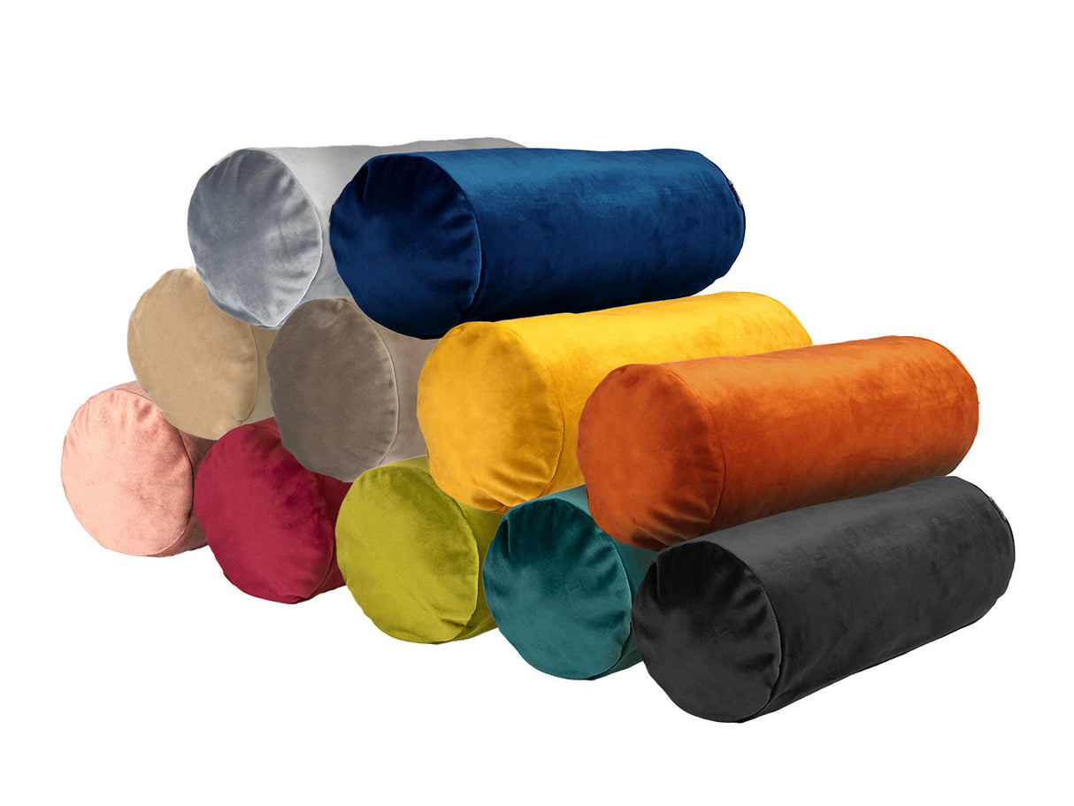 Samt Nackenrollenbezuege in den Farben stein-grau, admiral-blau, braun-beige, taupe, curry-senf-gelb, rost-orange, altrosa, karmin-rot, mai-gruen, petrol und schwarz.