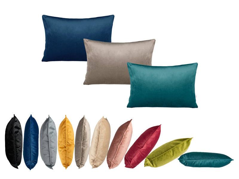 Samt Kissenbezuege 25x35 cm in den Farben stein-grau, taupe, mai-gruen, admiral-blau, karmin-rot, schwarz, petrol, braun-beige, altrosa und curry-gelb.