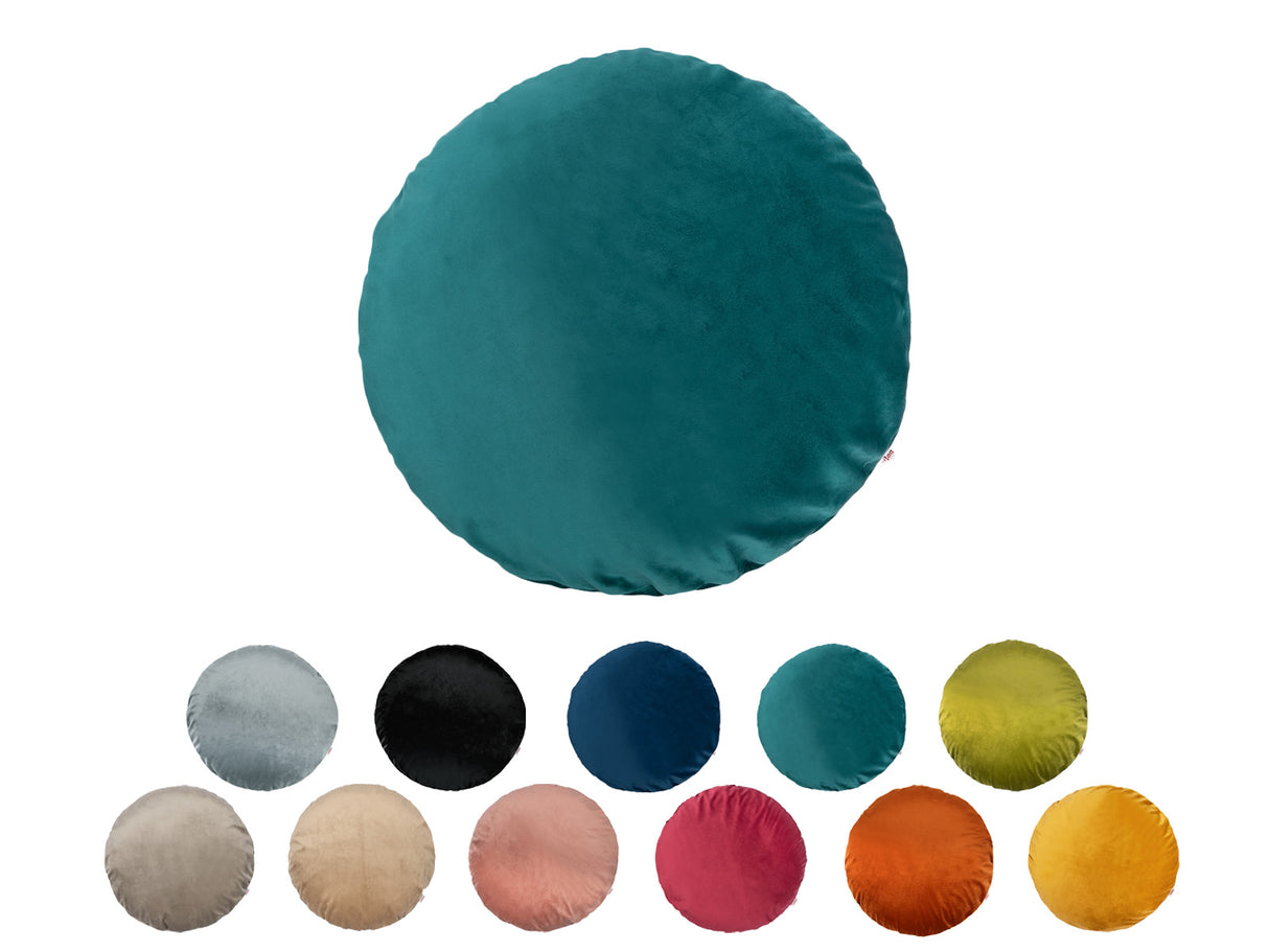 Runde Kissenbezuege ca. 50 cm Ø kuscheliger Samt aus der beties Samt&Sonders Serie. In den uni Farben mai-gruen, curry-senf-gelb, rost-orange, karmin-rot,altrosa, braun-beige, taupe, stein-grau, schwarz, admiral-blau und petrol.