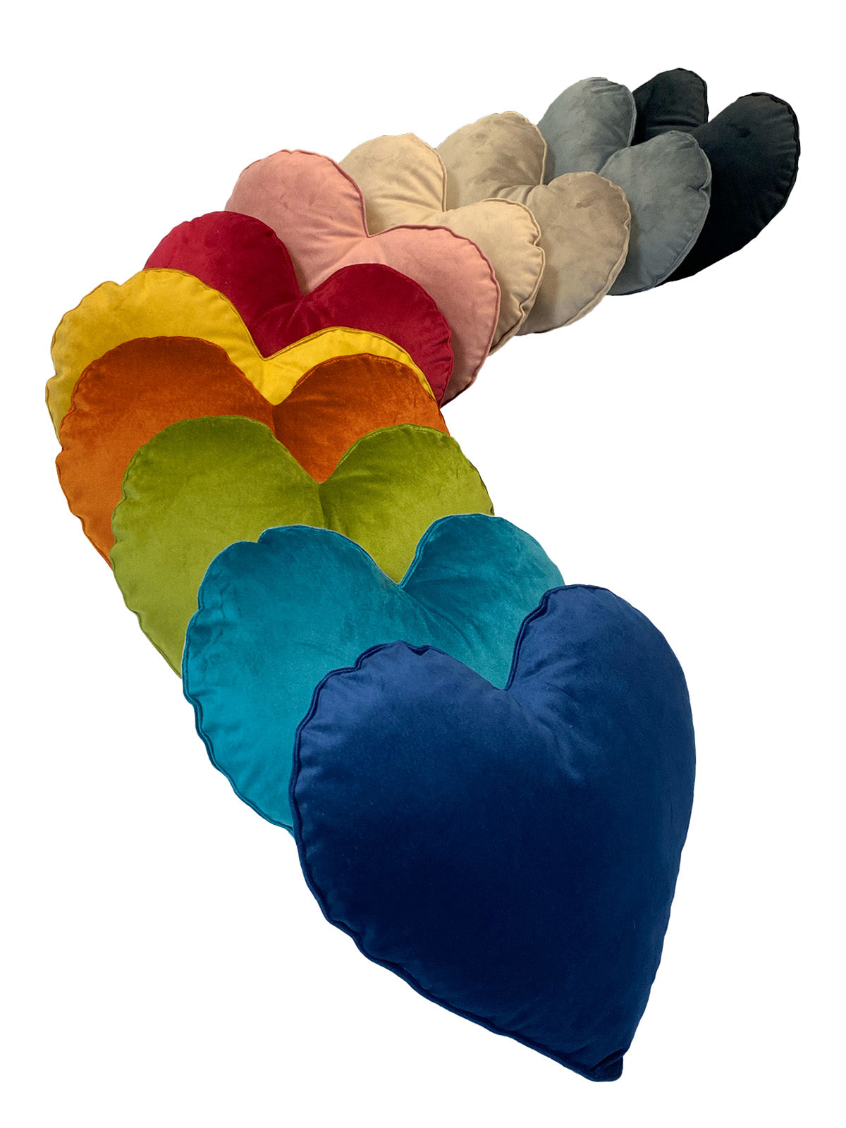 Herzkissen gefüllt ca. 34x32 cm Samt Deko Formkissen aus der beties Samt&Sonders Serie, in den uni Farben admiral-blau, petrol, mai-gruen, curry-senf-gelb, rost-orange, karmin-rot, altrosa, braun-beige, taupe, stein-grau und schwarz.