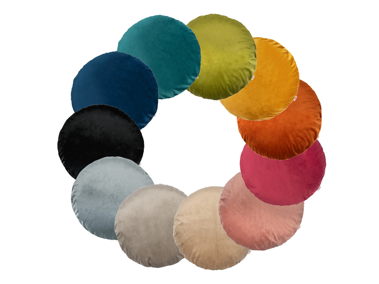 Runde Kissenbezuege ca. 80 cm Ø kuscheliger Samt aus der beties Samt&Sonders Serie. In den uni Farben mai-gruen, curry-senf-gelb, rost-orange, karmin-rot,altrosa, braun-beige, taupe, stein-grau, schwarz, admiral-blau und petrol.