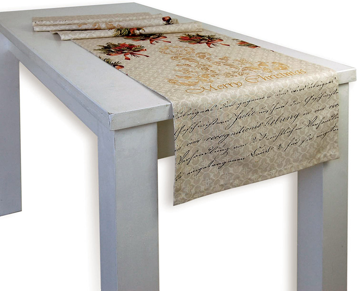 Tischläufer ca. 35x145 cm Bouquet elfenbein beties "Weihnachts-Schrift"