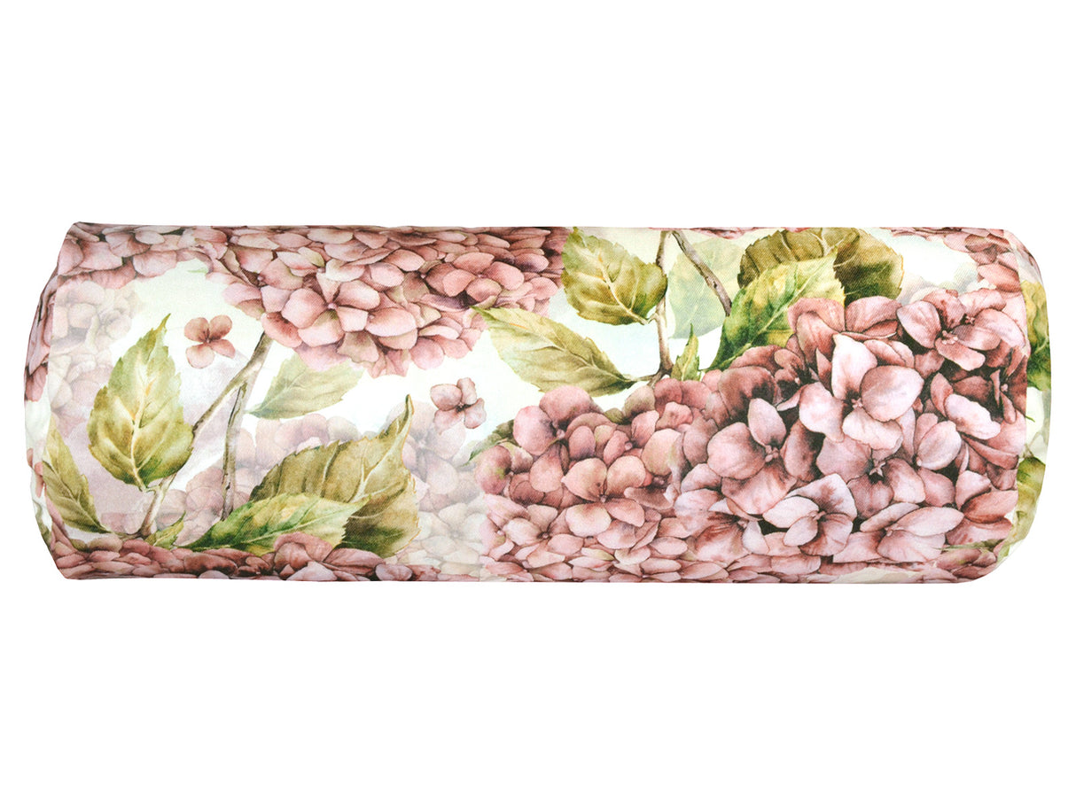 Kissenbezug für Nackenrollen im Landhausstil, bedruckt mit rosa/pinken Hortensien-Blueten.