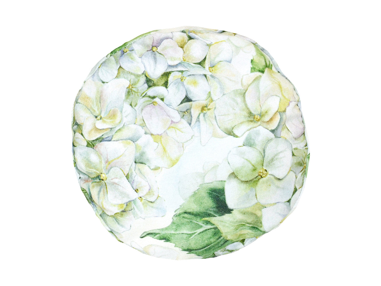 Seitenansicht eines weissen Kissenbezugs für Nackenrollen im Landhausstil, bedruckt mit rosa/pinken Hortensien-Blueten.