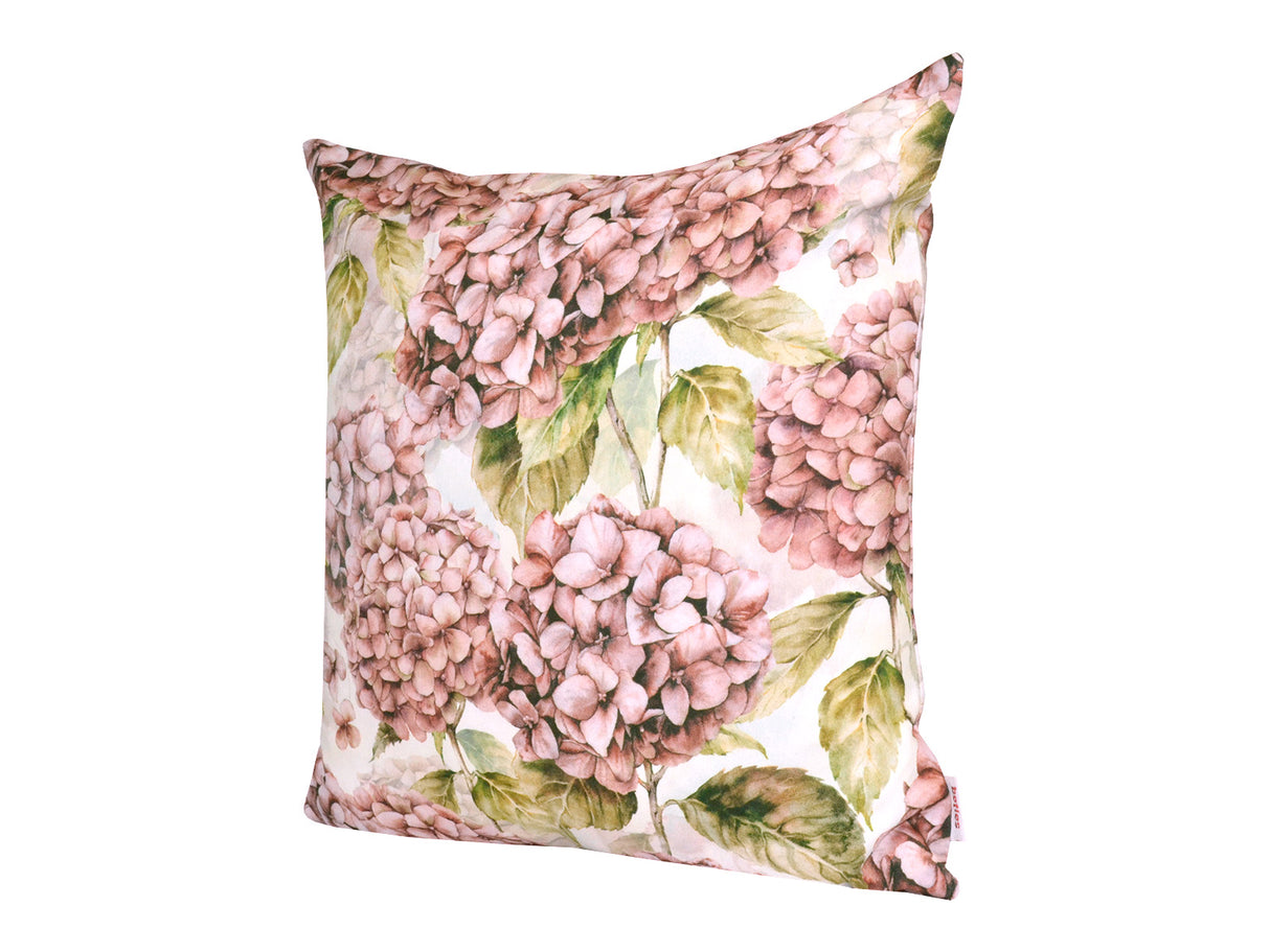 Quadratischer Kissenbezug im Landhausstil, bedruckt mit rosa/pinken Hortensien-Blueten.
