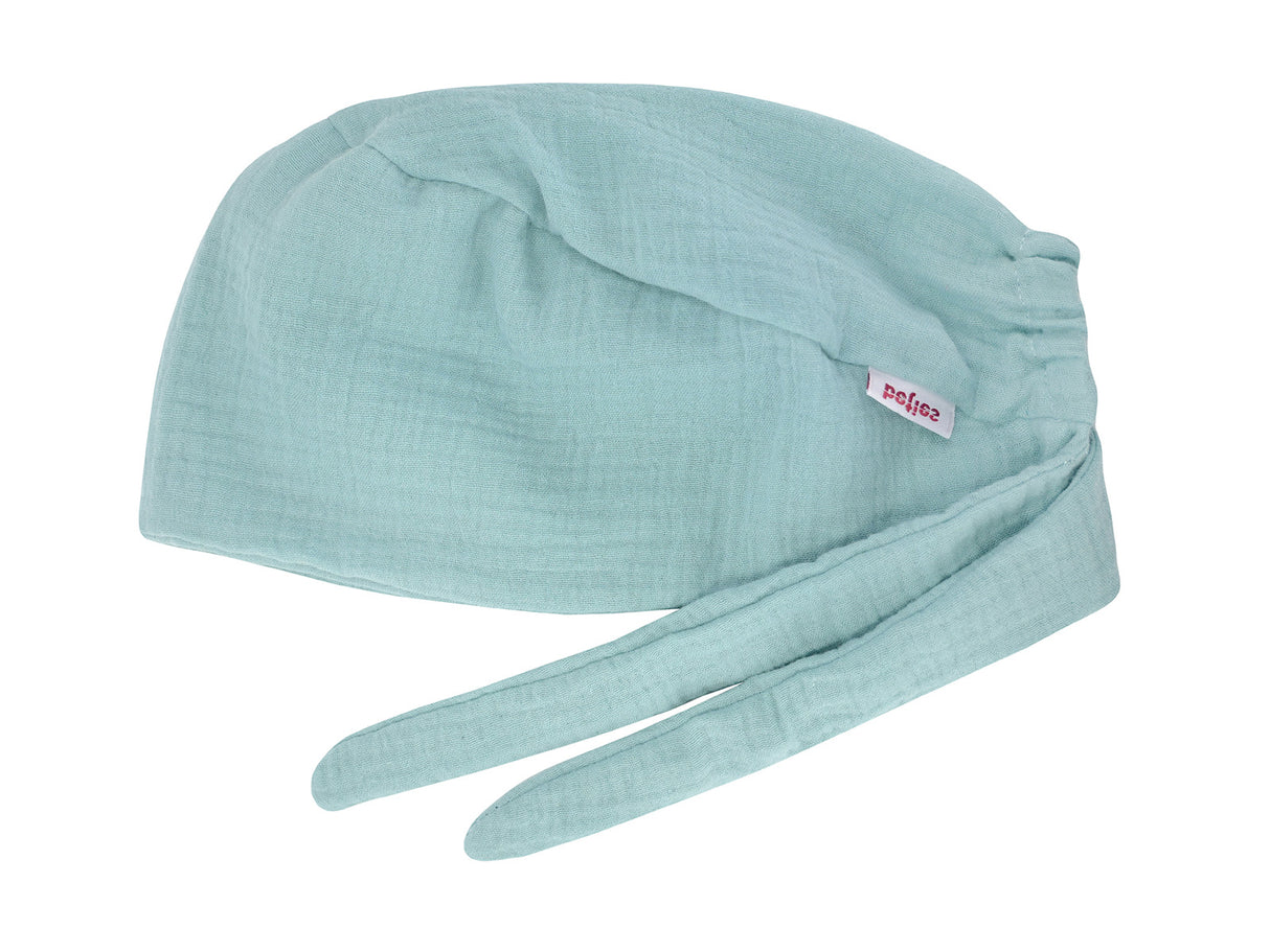 beties Musselin Schlafmütze OP-Haube – Mineralblau liegend – 100% Musselin