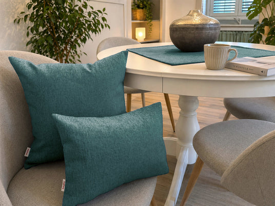 beties Wunschton Kissenhülle Teal Petrol – Milieu-Foto 1, melierter Möbelstoff Wohnzimmer Styling