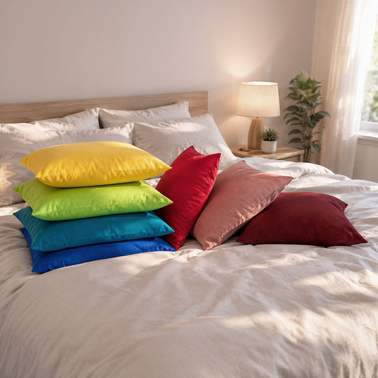 beties basic Millieu mit 7 kräftigen farben auf einem bett schön gestapelt als