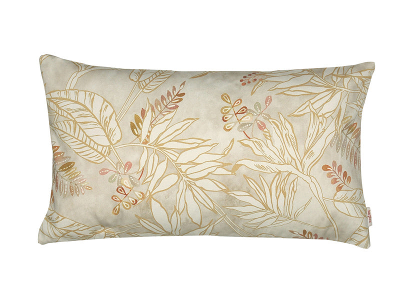 Rechteckiges Kissen bezogen mit einem beigen Bezug. Darauf sind goldene und rostfarbene Blaetter abgebildet.