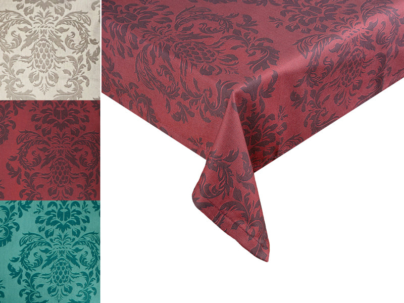 Rote Tischdecke, bedruckt mit barocken Ornamenten in einem dunkleren Rot. Daneben sind Farbmuster in Beige, Rot und Petrol, bedruckt mit barocken Ornamenten in derselben Farbe nur etwas dunkler.