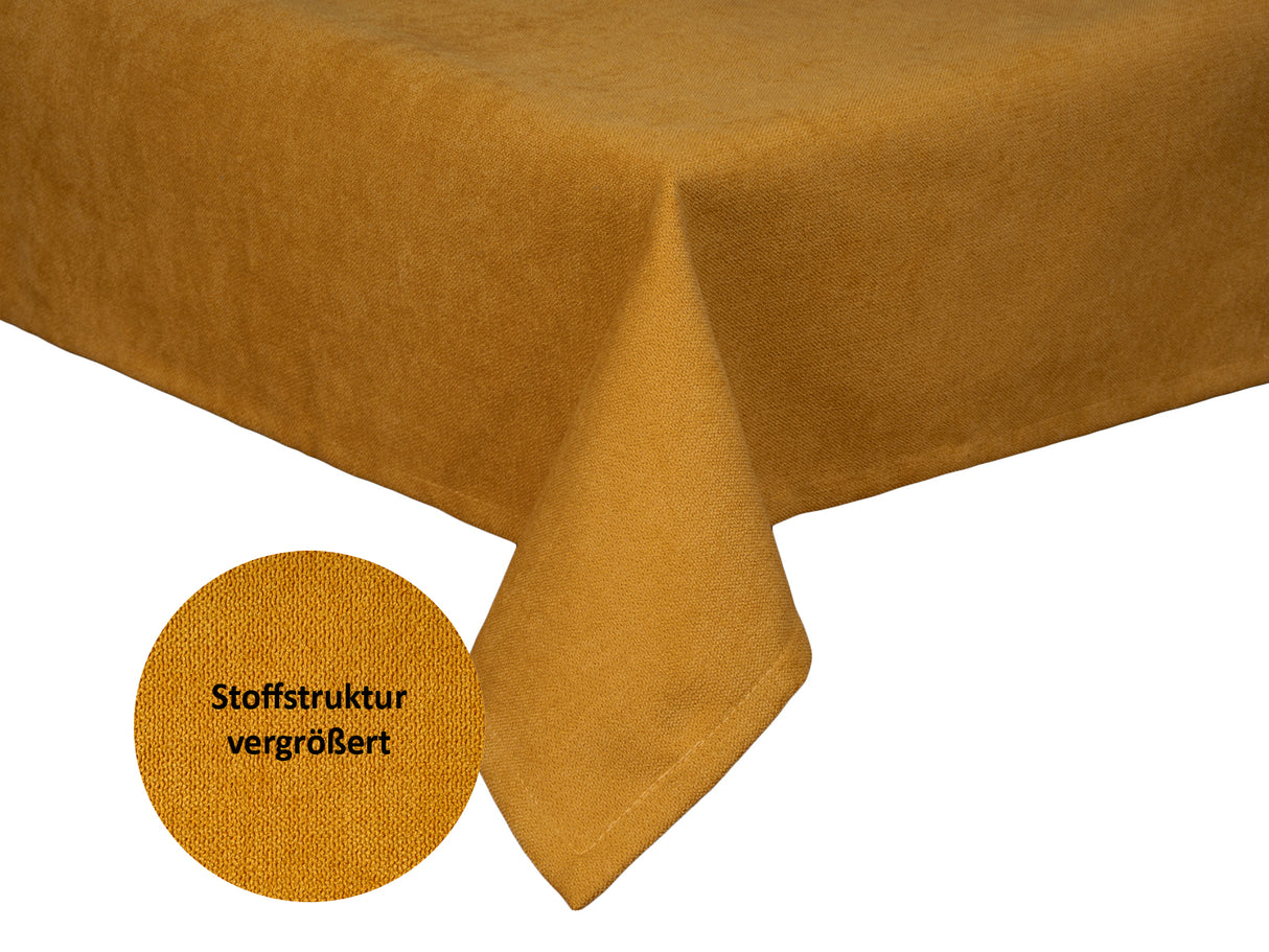 Tischdecke ca. 100x100 cm curry-gelb Chenille-Haptik beties "FarbTon" mit einem Detailbild der Stoffstrucktur.