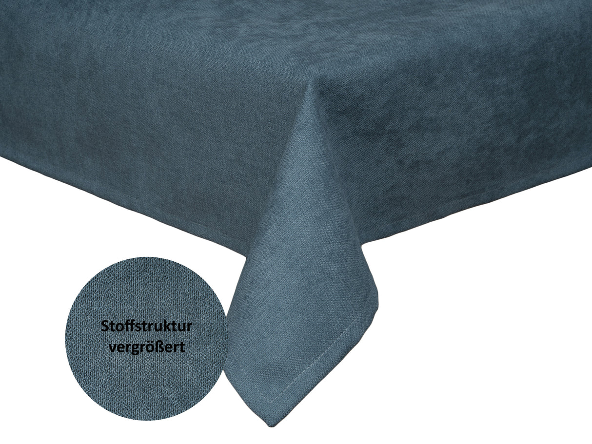 Tischdecke ca. 100x100 cm nordlicht-blau Chenille-Haptik beties "FarbTon" mit einem Detailbild der Stoffstrucktur.