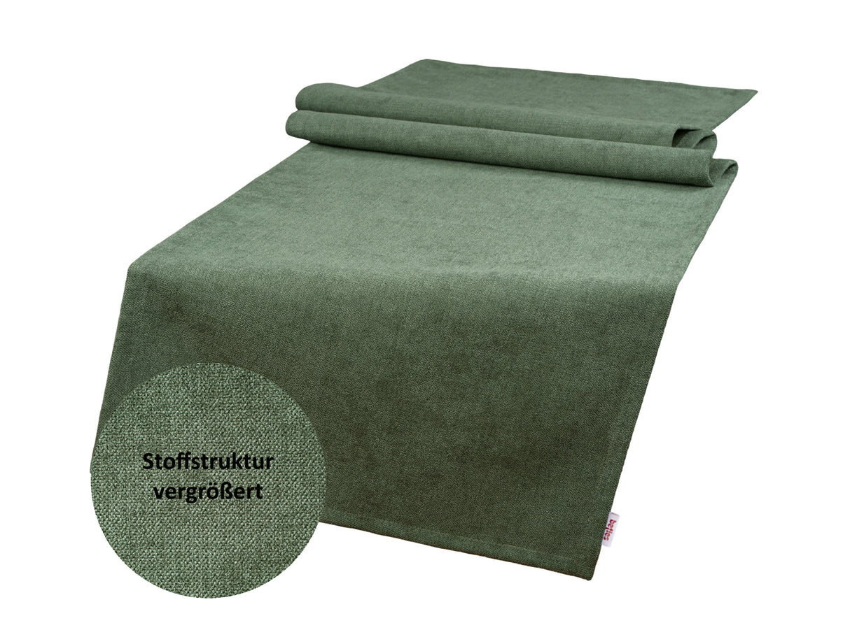 Tischläufer ca. 40x140 cm oliven-grün Chenille-Haptik beties "FarbTon" mit einem Detailbild der Stoffstrucktur.