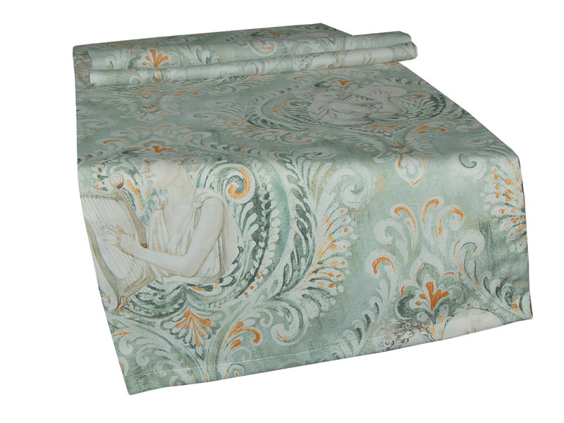 Gruenlicher Tischlaeufer, darauf sind barocke Ornamente und griechische G�ttinen mit einer Harfe abgebildet.