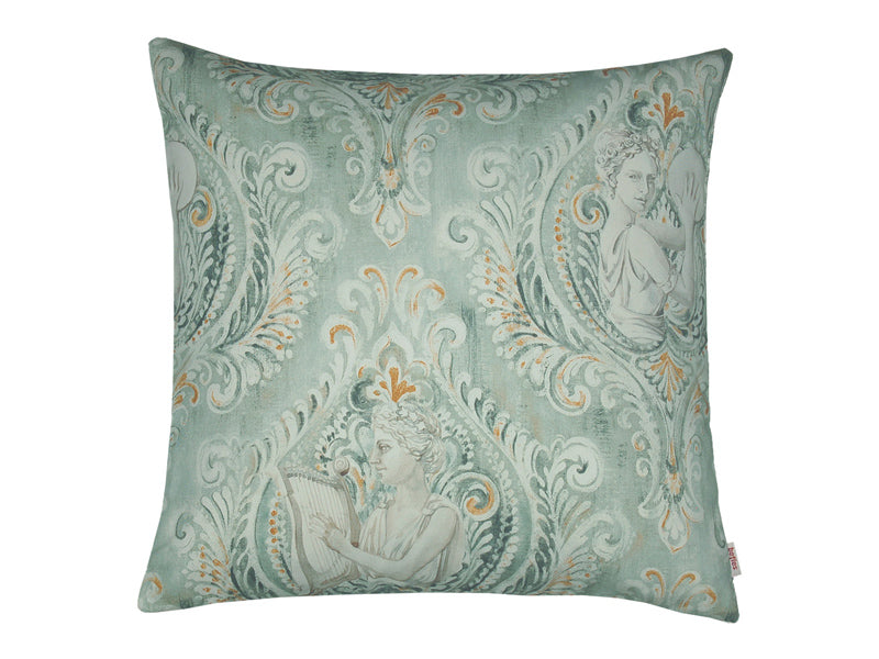 Quadratisches Kissen mit einem gr�nlichen Bezug. Darauf sind barocke Ornamente und griechische G�ttinen mit einer Harfe abgebildet.