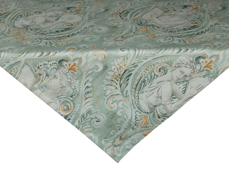 Ecke einer gruenlichen Mittedldecke, darauf sind barocke Ornamente und griechische G�ttinen mit einer Harfe abgebildet.