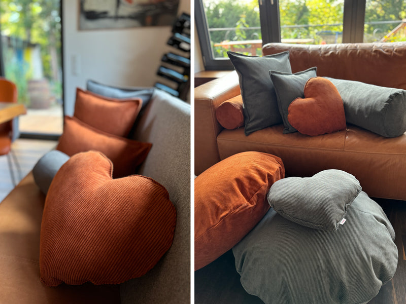 Herzkissen gefüllt ca. 35x40 cm Cord-Samt Deko Formkissen beties "HYggelig No.1"