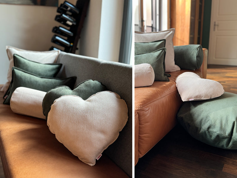 Herzkissen gefüllt ca. 35x40 cm Cord-Samt Deko Formkissen beties "HYggelig No.1"