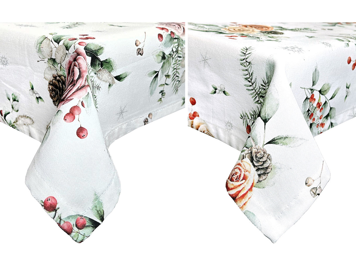 Tischdecke – Winterdeko mit gefrosteten Rosen in den Farben mauve oder orange, Kieferzapfen und Zweigen – 100% Baumwolle – aus der beties Magie des Winters "Frost-Rose" Kollektion.