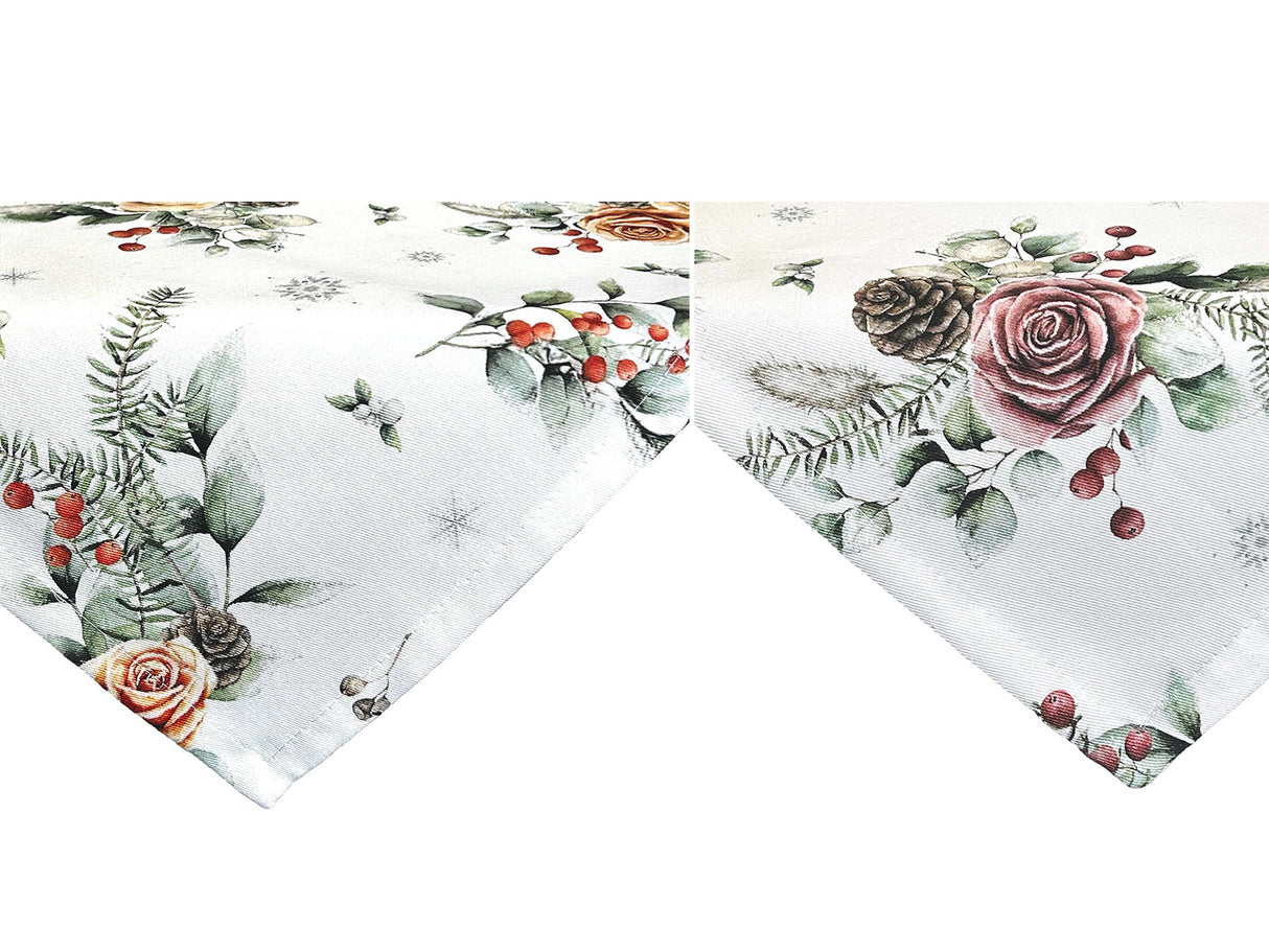 XS Mitteldecke ca. 60x60 cm – Winterdeko mit gefrosteten Rosen – 100% Baumwolle – beties Magie des Winters "Frost-Rose"