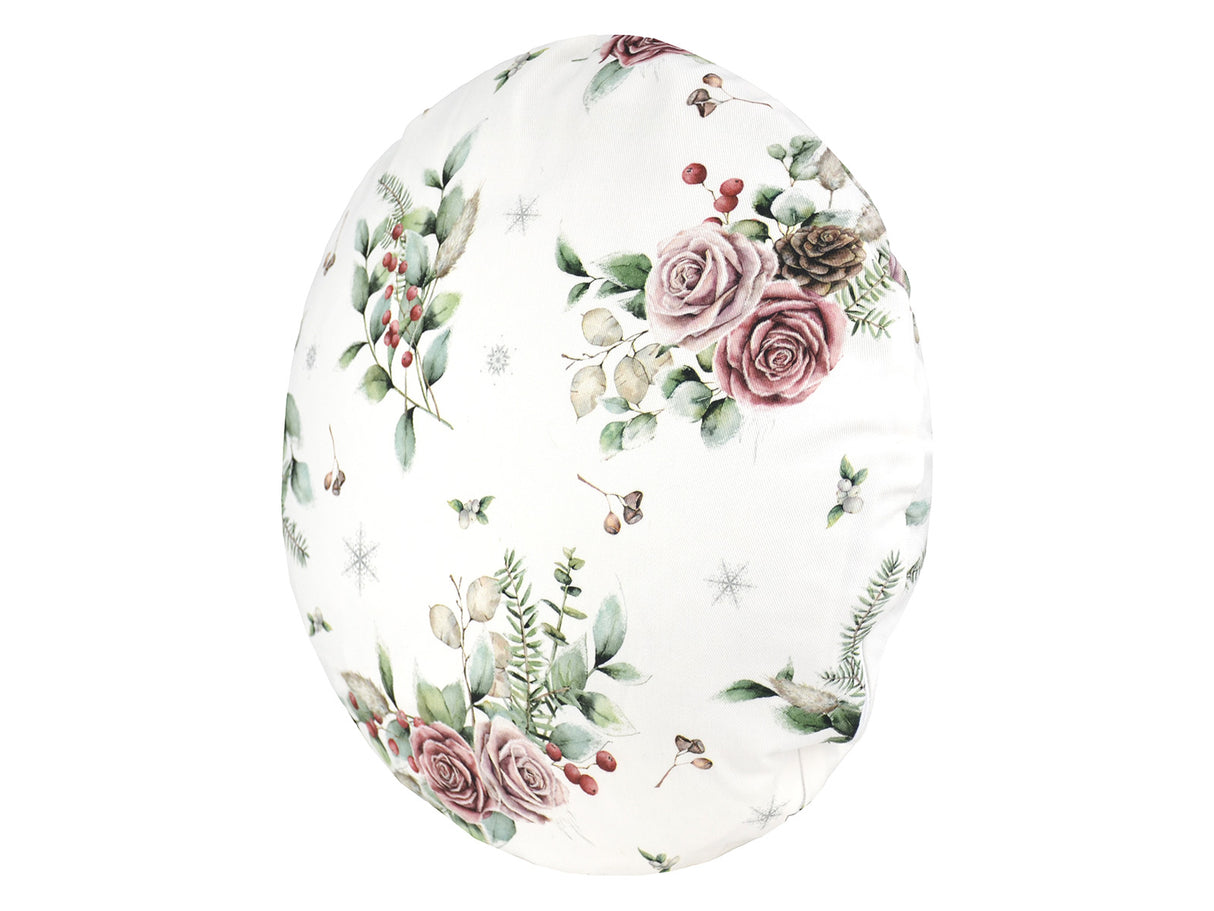 Runde, weisse Kissenhuelle ca. 40 cm im Durchmesser – Winterdeko mit gefrosteten Rosen in rosa – 100% Baumwolle – aus der beties Magie des Winters "Frost-Rose" Kollektion.