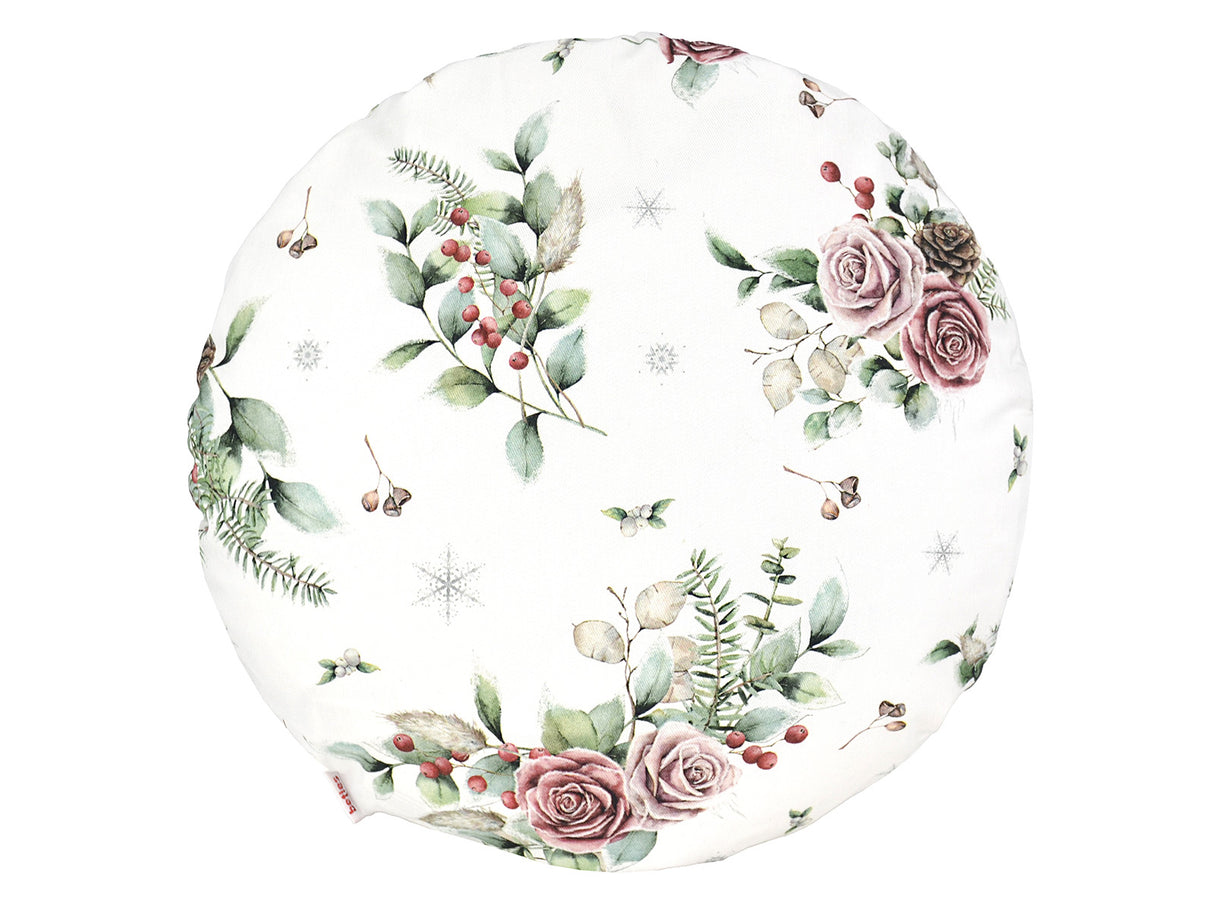 Runde, weisse Kissenhuelle ca. 40 cm im Durchmesser – Winterdeko mit gefrosteten Rosen in rosa – 100% Baumwolle – aus der beties Magie des Winters "Frost-Rose" Kollektion.