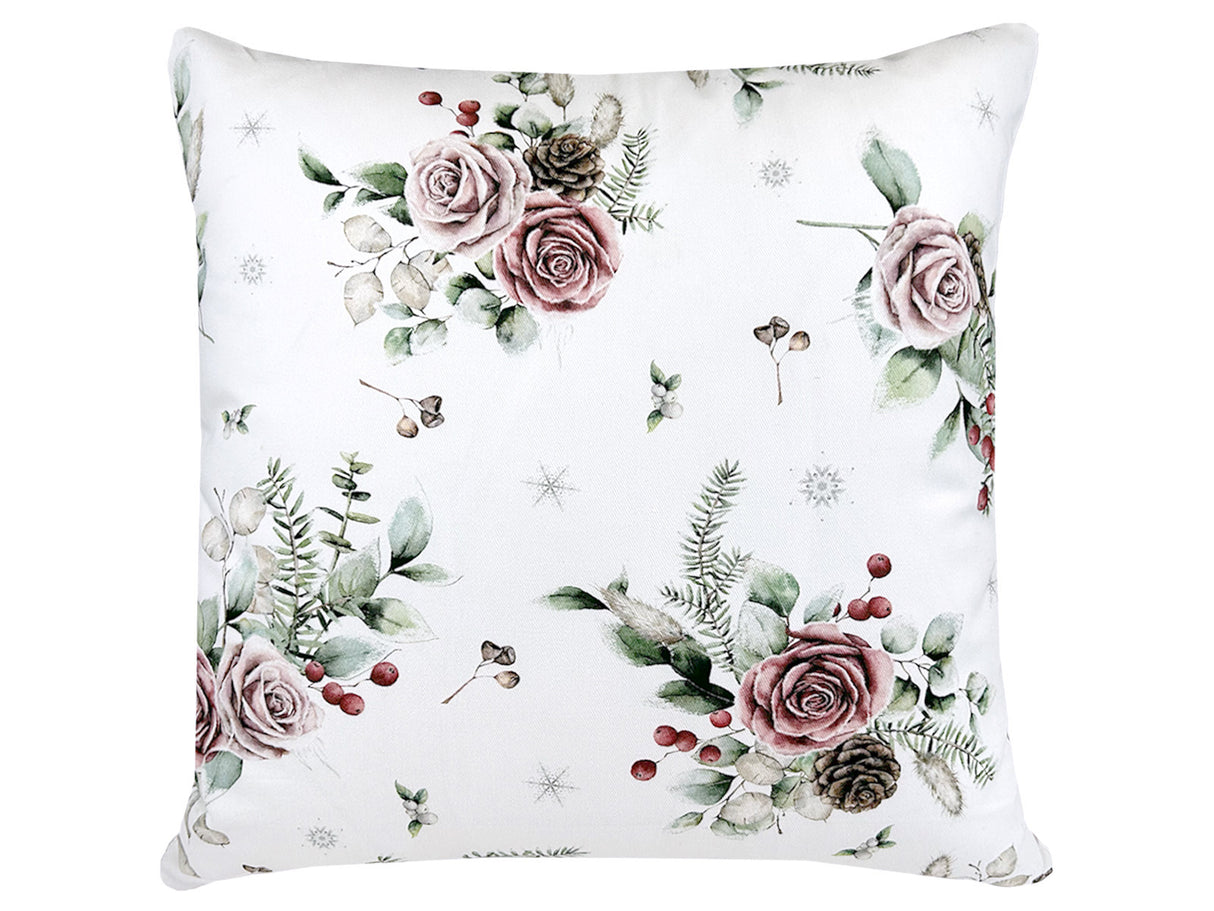 Kissenhülle ca. 50x50 cm mauve – Winterdeko mit gefrosteten Rosen und Schleife – 100% Baumwolle – beties Magie des Winters "Frost-Rose Schleife"