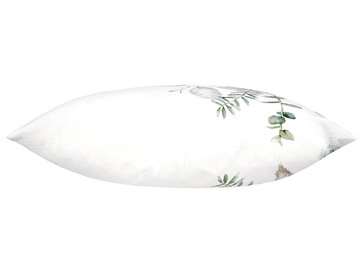 Weisse Kissenhülle ca. 50x50 cm – Winterdeko mit rosa gefrosteten Rosen Bukett, Ansicht von oben – 100% Baumwolle – Aus der beties Magie des Winters "Frost-Rose Bukett" Kollektion.