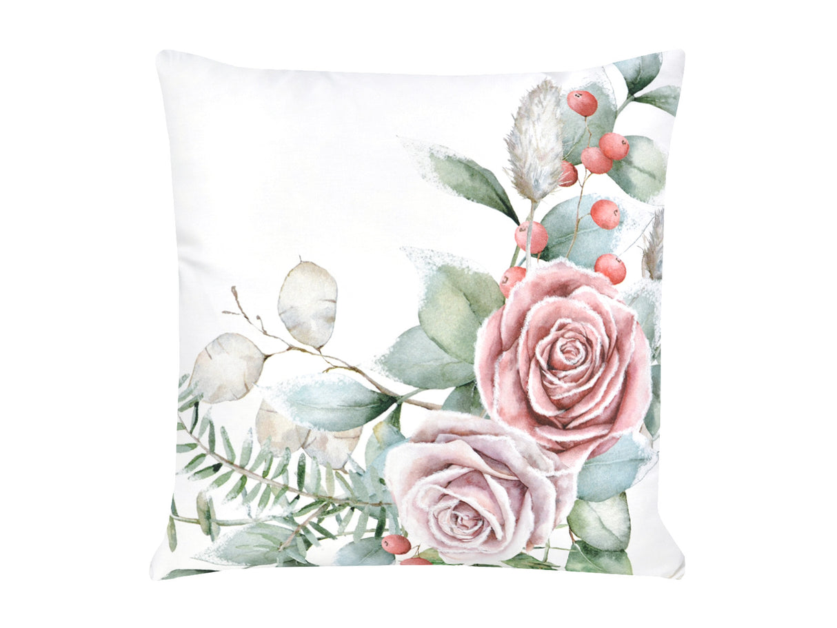 Weisse Kissenhülle ca. 50x50 cm – Winterdeko mit rosa gefrosteten Rosen Bukett – 100% Baumwolle – Aus der beties Magie des Winters "Frost-Rose Bukett" Kollektion.