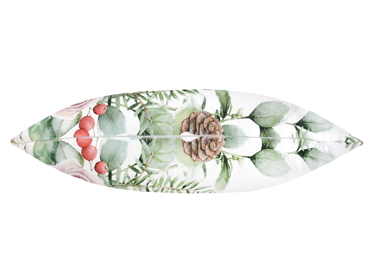 Weisse Kissenhülle ca. 50x50 cm – Winterdeko mit rosa gefrosteten Rosen und rosa Schleife, Ansicht von unten mit Reissverschluss – 100% Baumwolle – Aus der beties Magie des Winters "Frost-Rose Schleife" Kollektion.