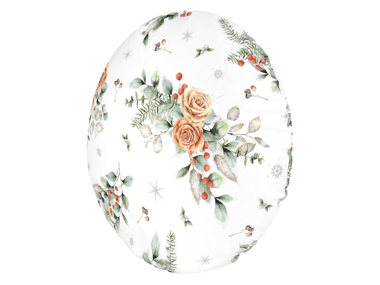 Runde, weisse Kissenhuelle ca. 40 cm im Durchmesser – Winterdeko mit gefrosteten Rosen in orange – 100% Baumwolle – aus der beties Magie des Winters "Frost-Rose" Kollektion.