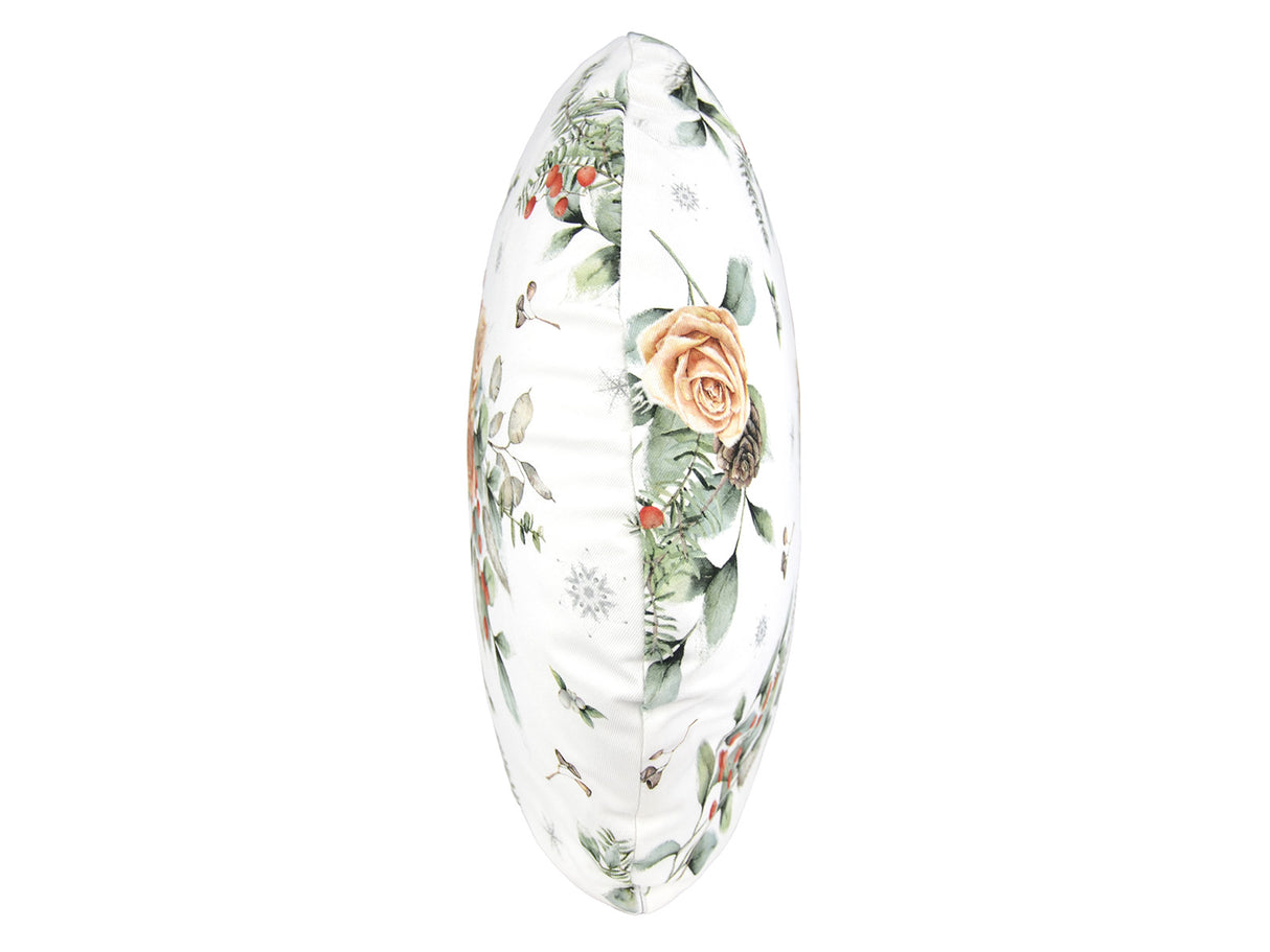 Runde, weisse Kissenhuelle ca. 40 cm im Durchmesser, seitliche Ansicht – Winterdeko mit gefrosteten Rosen in orange – 100% Baumwolle – aus der beties Magie des Winters "Frost-Rose" Kollektion.
