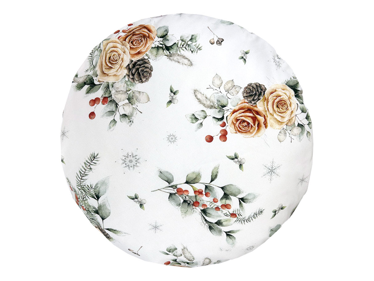 Runde Kissenhülle ca. 40 cm Ø orange – Winterdeko mit gefrosteten Rosen – 100% Baumwolle – beties Magie des Winters "Frost-Rose"