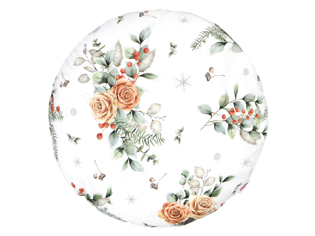 Runde, weisse Kissenhuelle ca. 40 cm im Durchmesser – Winterdeko mit gefrosteten Rosen in orange – 100% Baumwolle – aus der beties Magie des Winters "Frost-Rose" Kollektion.