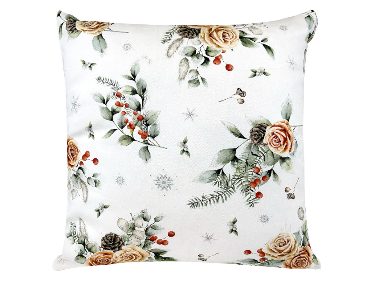 Kissenhülle ca. 50x50 cm orange – Winterdeko mit gefrosteten Rosen und Schleife – 100% Baumwolle – beties Magie des Winters "Frost-Rose Schleife"