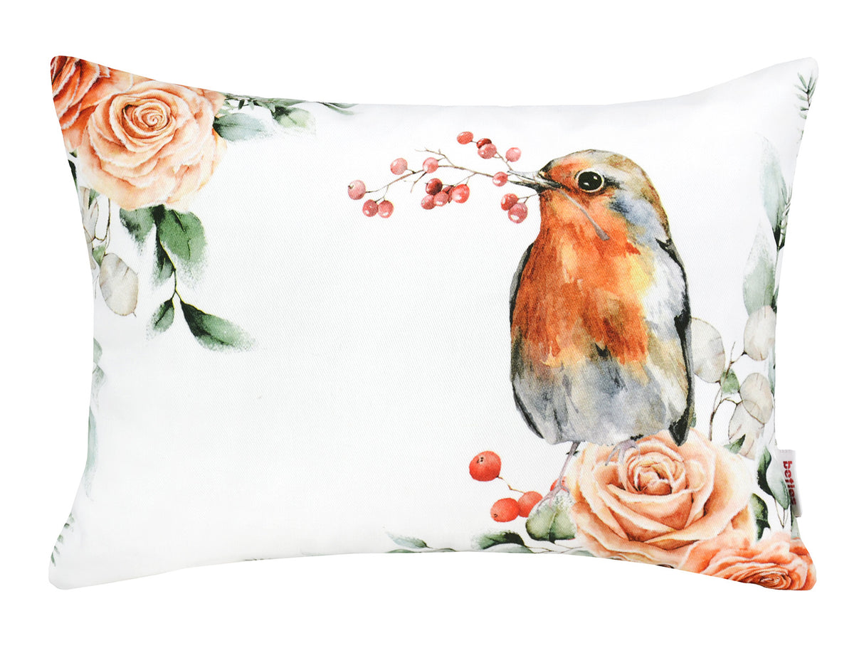 Weisse Kissenhuelle ca. 25x35 cm – Winterdeko mit Rotkelchen, orangen, gefrosteten Rosen und Zweigen – 100% Baumwolle – Aus der beties Magie des Winters "Frost-Rose Rotkelchen" Kollektion.