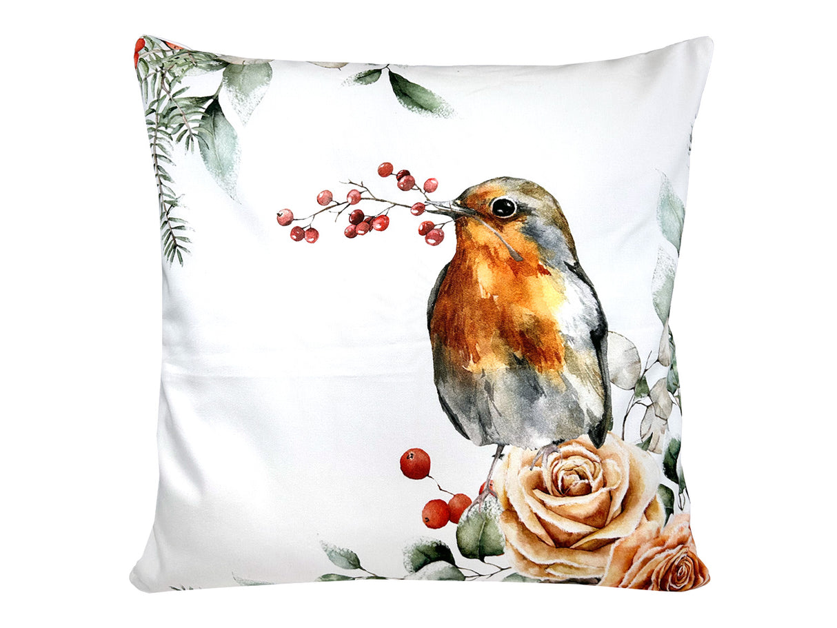 Kissenhülle ca. 50x50 cm orange – Winterdeko mit gefrosteten Rosen und einem Rotkelchen – 100% Baumwolle – beties Magie des Winters "Frost-Rose Rotkelchen"