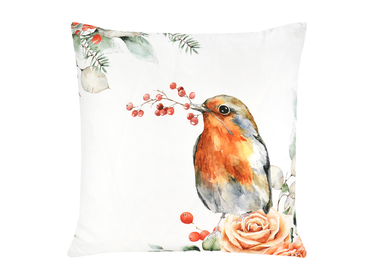 Weisse Kissenhülle ca. 50x50 cm – Winterdeko mit einem Rotkelchen und orangen gefrosteten Rosen – 100% Baumwolle – Aus der beties Magie des Winters "Frost-Rose Rotkelchen" Kollektion.