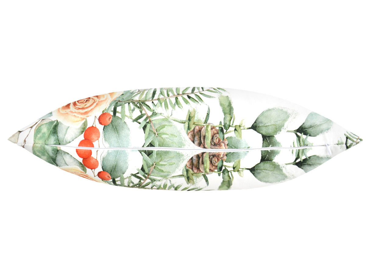 Weisse Kissenhülle ca. 50x50 cm – Winterdeko mit orangen gefrosteten Rosen und oranger Schleife, Ansicht von unten mit Reissverschluss – 100% Baumwolle – Aus der beties Magie des Winters "Frost-Rose Schleife" Kollektion.